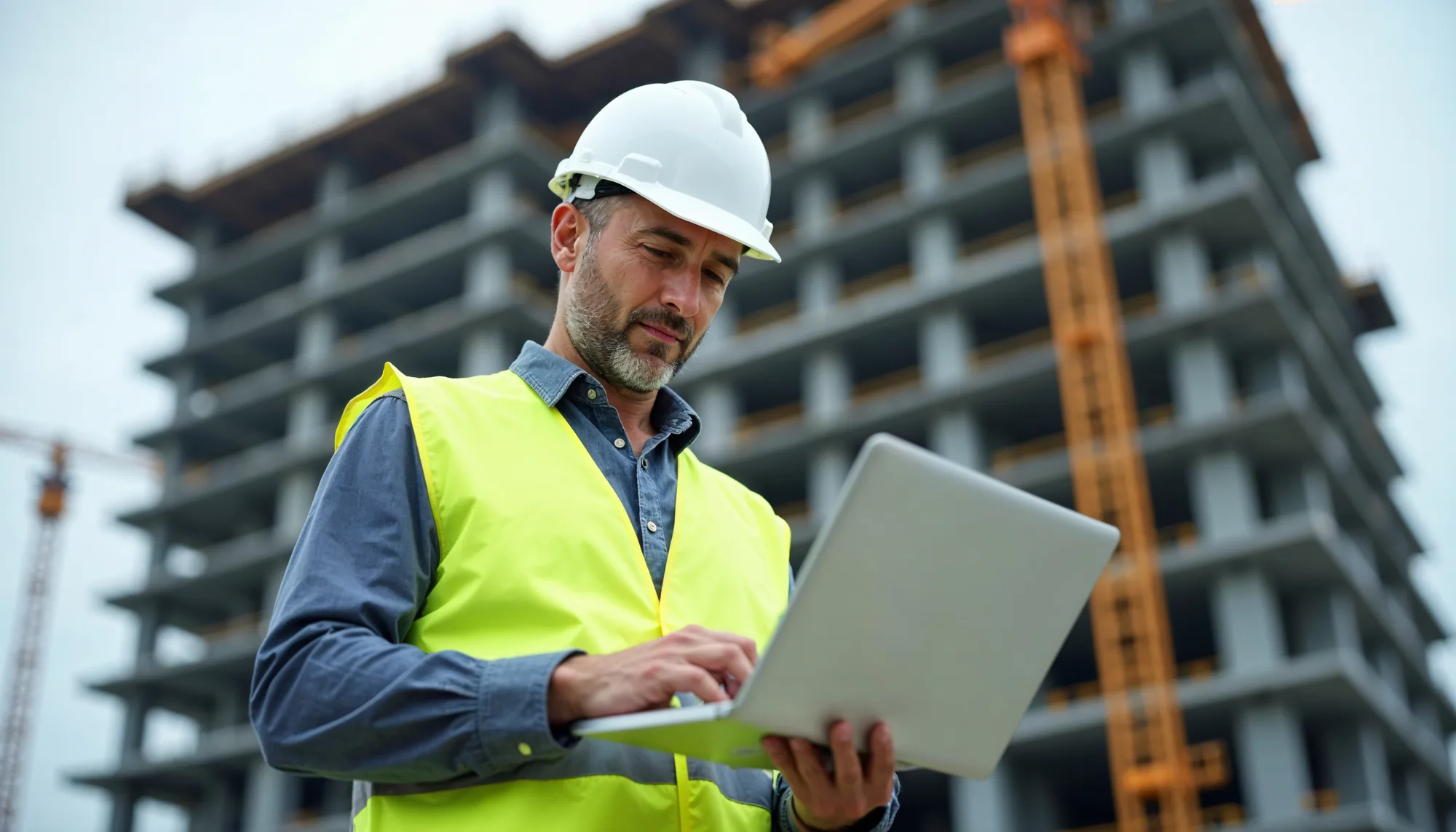 Engenheiro de obra com notebook no canteiro