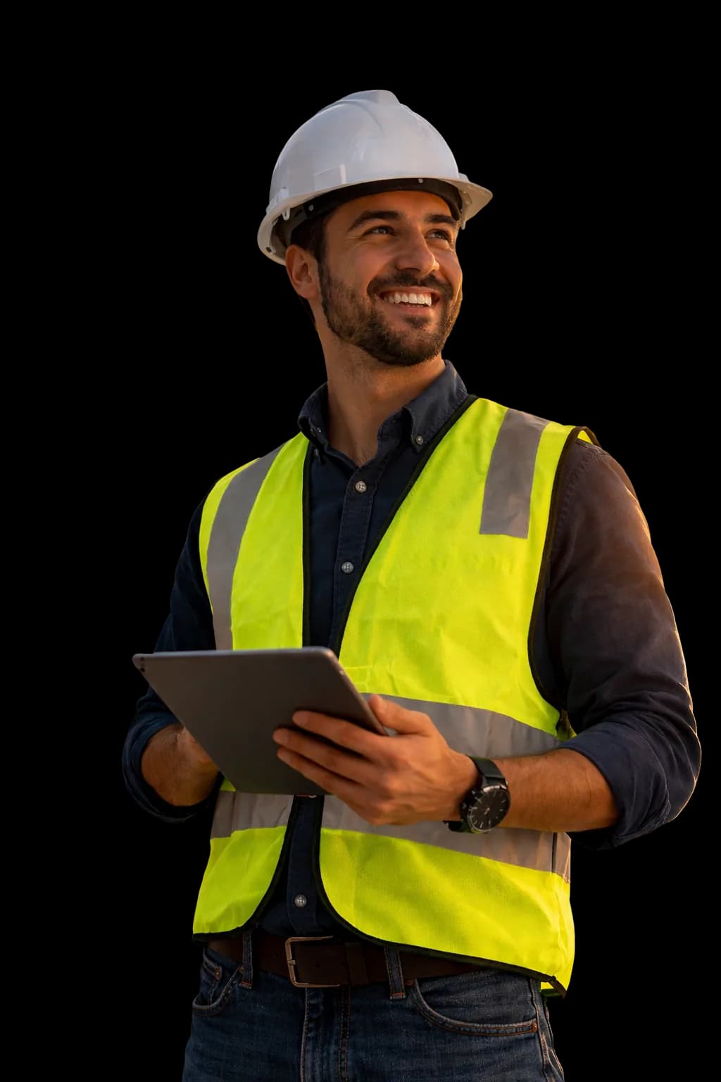 Engenheiro de obra com tablet utilizando a Agilean