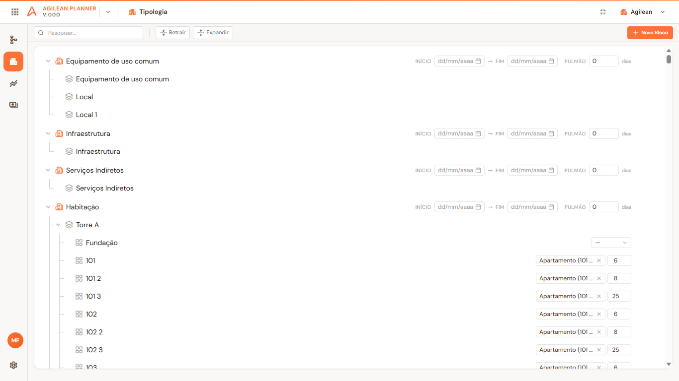 Interface Agilean Planner com estrutura de tipologia por locais e sublocais